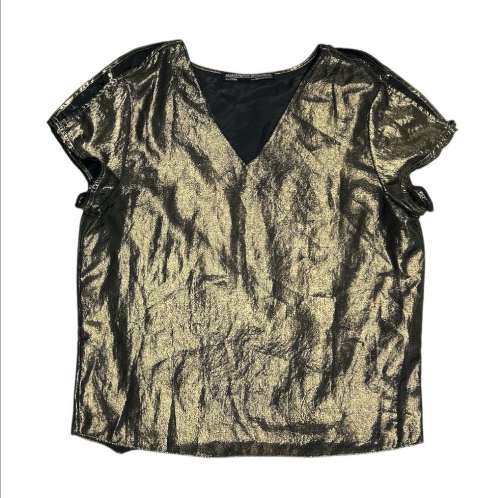 AllSaints Womens Gold Black Metallic Cold Shoulder‎ Top Modern US 4